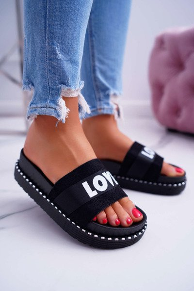 Tongs Plateforme Femme Avec Strass Love Noir MoreLove