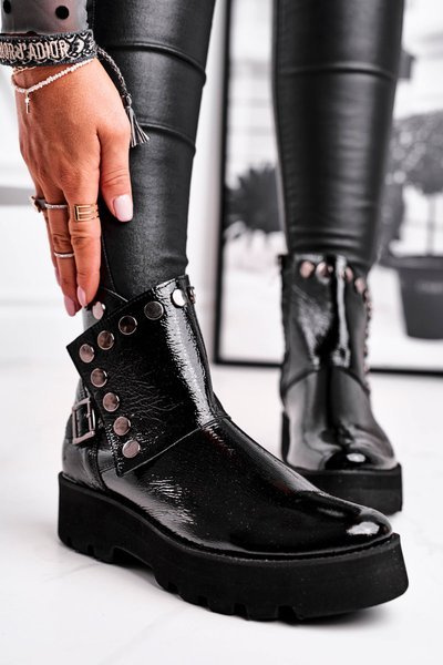 Bottines Femme Cuir Laqué Noir Exquis 1199