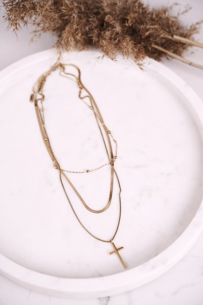 Dreifach-Kette Halskette mit Kreuzen Gold Dreifach