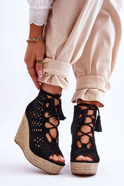 Suede Openwork Wedge Boots Black Berthe