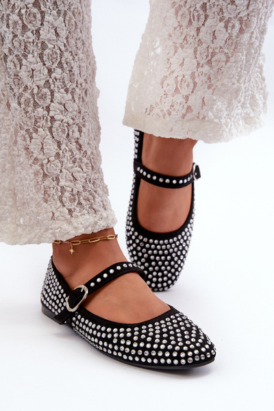 Ballerines en daim écologique ornées de Tinara noir de jais
