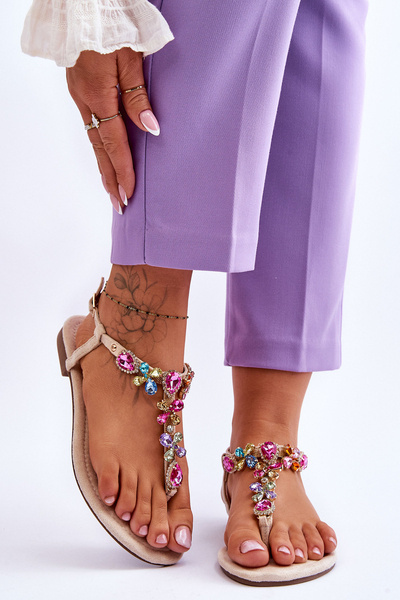Wildleder-Flip-Flops mit Steinen Beige Frency