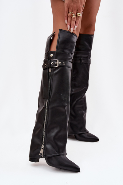Bottes d'hiver pour femmes au-dessus du genou à talon avec sangle boucle et fermeture éclair argentée Noire Reisa