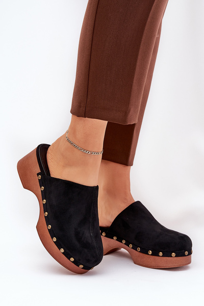 Damen Clogs Sandalen Mit Nieten Ecoline Wildleder Schwarz Ellason