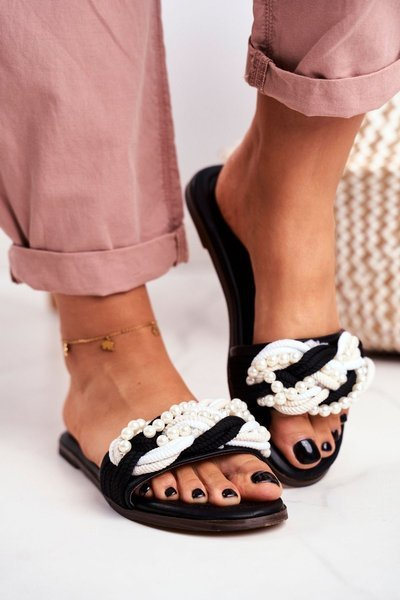 Diapozitivele pentru femei Lu Boo Black Pearls împletituri Flora
