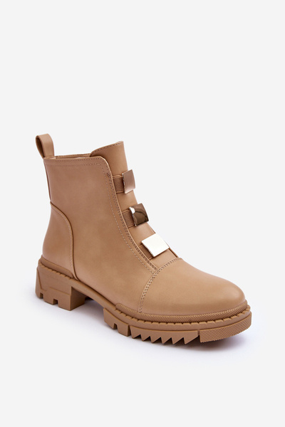 Azulenn Lederstiefel Mit Flachem Beigefarbene Absatz