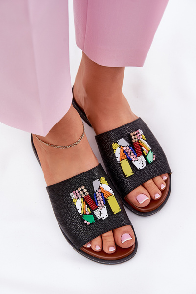 Damen Sandalen mit flachem Absatz und Dekoration schwarz Clelione
