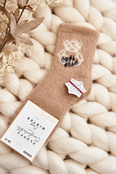 Children's Furry Socks with Bear Beige