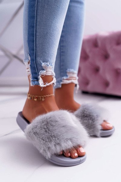 Tongs Femme Avec Fourrure Gris Clair NiceFur