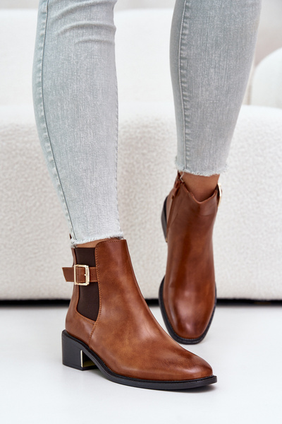 Bottines femme à petit talon avec boucle doréeCamel Vomera