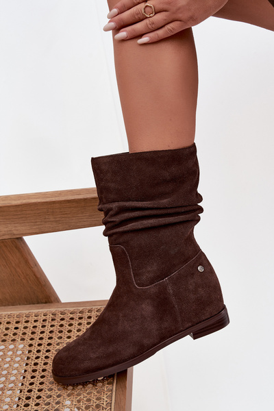 Leder Wildleder Damenschuhe mit Raffung Isolierung Maciejka K7211-02 Schokoladenbraun