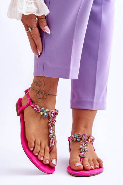 Flip -flops din piele de căprioară cu pietre roz frency