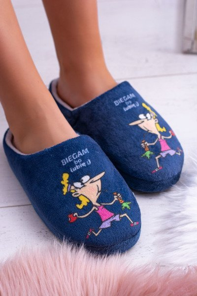 Dreex Plush Pantoufles bleu marine pour femmes, je cours parce que je l'aime