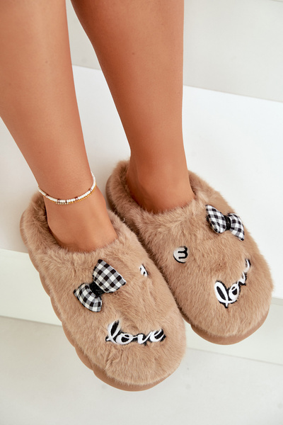 Damen-Fellpantoffeln Mit Aufnähern Und Schleife Braun Linnorelia