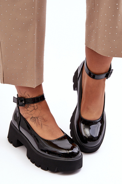 Damen Lackleder Halbschuhe Mit Niedrigem Absatz Und Schnalle Schwarz Owen