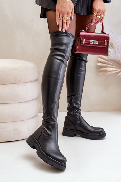Bottes hauteur genou en cuir écologique à talon plat noir Santira