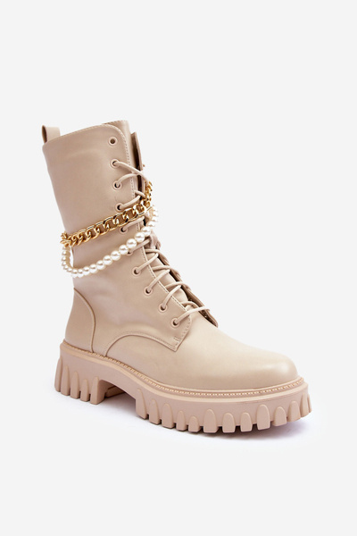 Leather High Booties with Chain Beige Nameer