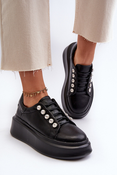 Damen Leder-Sneakers auf klobiger Plateausohle Schwarz S.Barski LR628