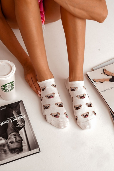 Damen Baumwollsocken Mit Möpsen Ecru