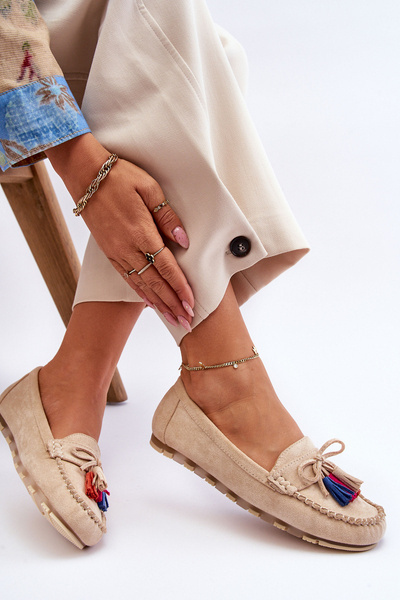 Suede Loafers With Bow And Fringes Beige Dorine