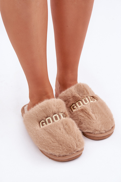 Ladies Slippers With Fur And Text Brown Kalelia