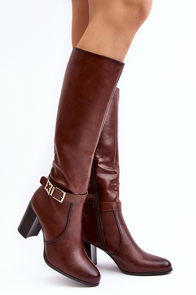 Damen-Kniehochstiefel mit Schnalle und Fellfutter in Braun Sendilia