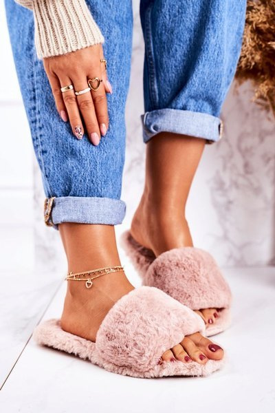 Damen Kunstfell Flip Flops Rosa Kalte Tage