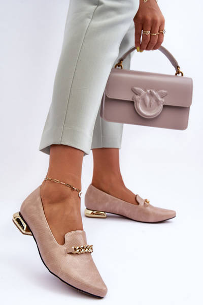 Lederballerinas Mit Flachem Absatz Und Kette Beigefarbene Lanez