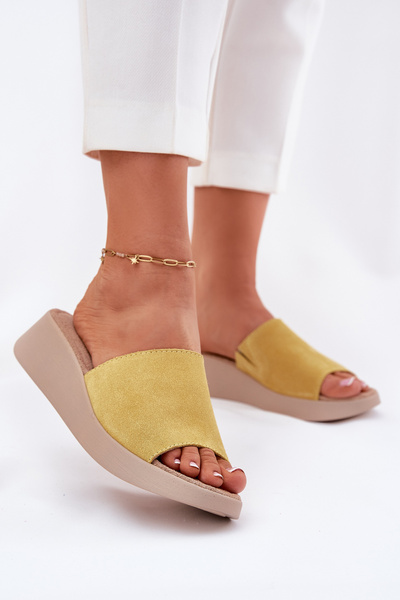 Damen Wildleder Wedges Sandalen Panto Fino Gelb RR267038