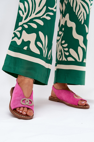 Sandales Femme Avec Décoration Sur Talon Plat Éco Suédé Rose Ralisses
