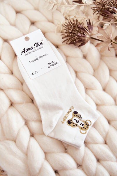 Damensocken aus Baumwolle Mit einem goldenen Bären Cremig
