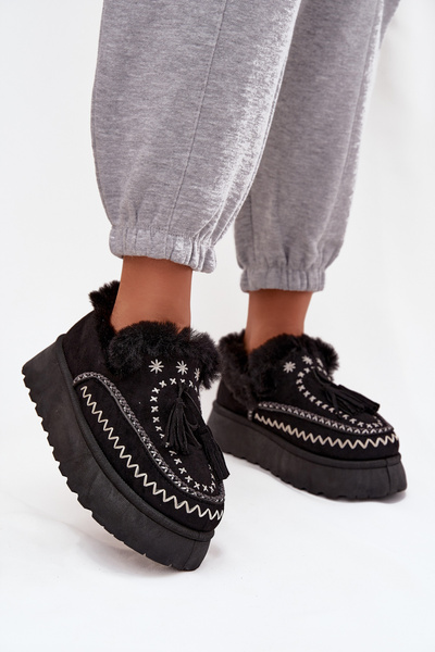 Bottes de neige pour femmes sur plateforme avec fourrure et franges Noires Ferayne