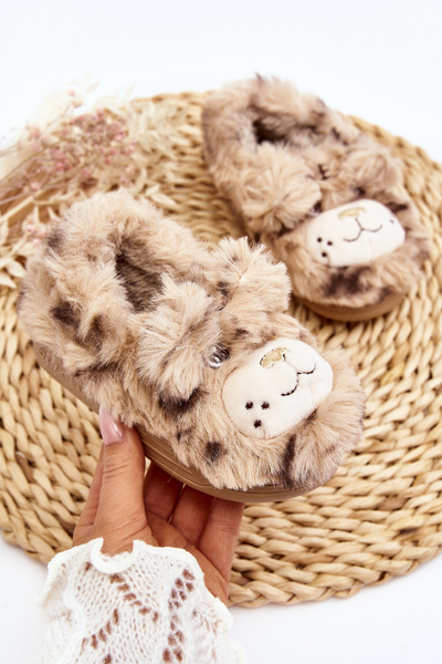 Beige Kinderpelzhausschuhe mit Bär Apolanie