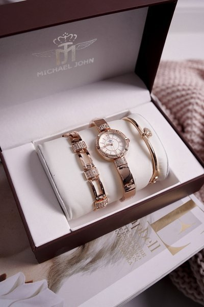 Damenuhr und zwei Armbänder Set Michael John Roségold