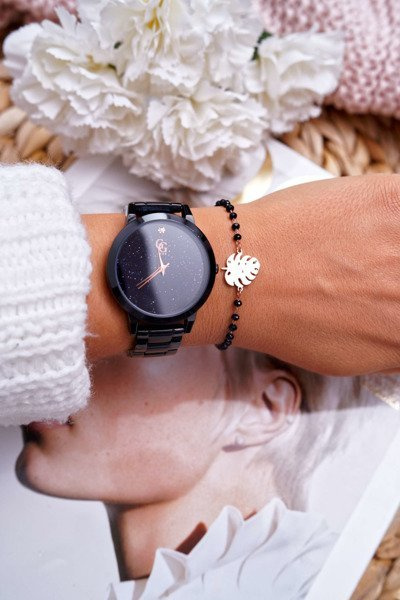 Bracelet Chaîne Femme Doré Perles Noires Feuille Muser