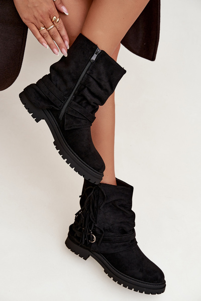 Bottes d hiver pour femmes avec franges et klaris à talon plat Noires Helianne