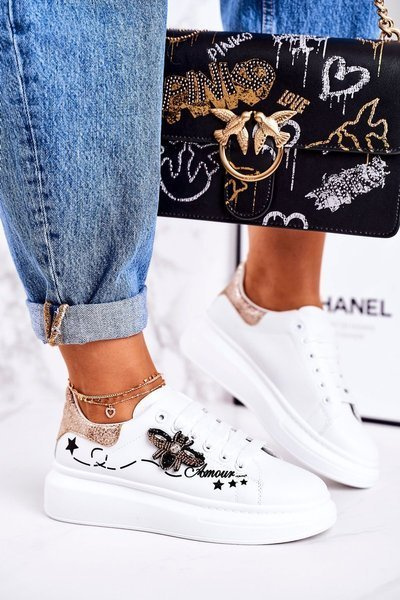 Frauen Sportschuhe Turnschuhe Mit Fliege Weiß Gold Amour