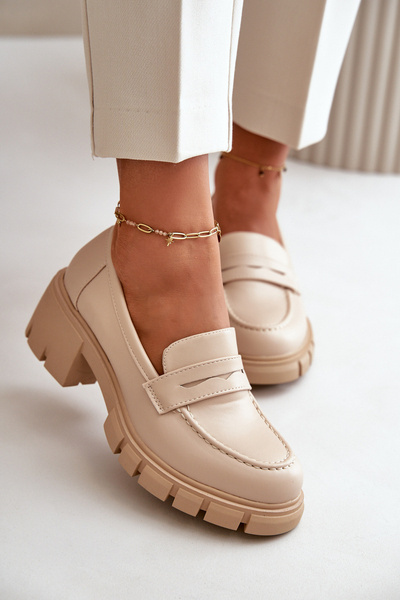 Pantofi cu toc gros din Piele Eco Bej Menloa