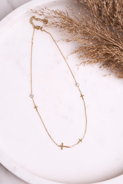Collier Femme Croix et Zircons Or Doux