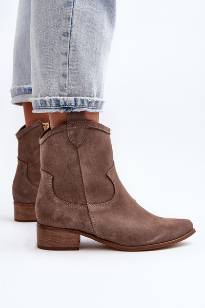 Zazoo 3329 Bottines Cowboy En Daim Talon Bas Beige Foncé