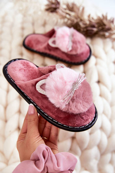 Kinderhausschuhe mit einem Kätzchen und Strasssteinen Dunkelpink Carliss
