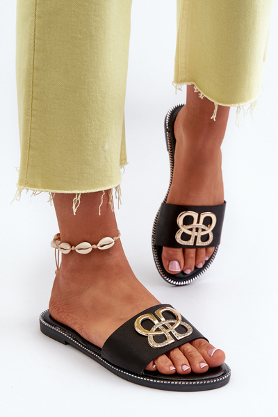 Sandales Pour Femmes Avec Décoration En Cuir Écologique Sur Talon Plat Noir Sadria