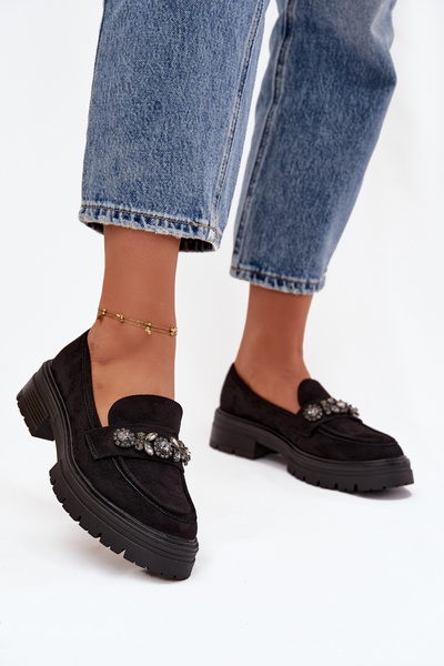 Eko Wildleder Mokassins Damen Mit Dekorativer Brosche Schwarz Valiana