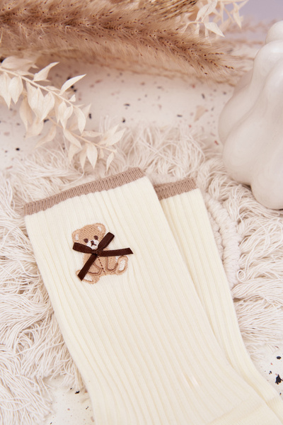 Chaussettes en coton rayées avec ours Ecru