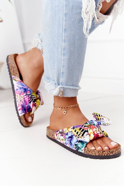 Papuci pe Cork Sole White cu flori Wendy