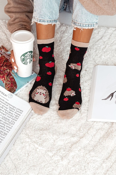 Women's Socks Hedgehogs And Apples Black