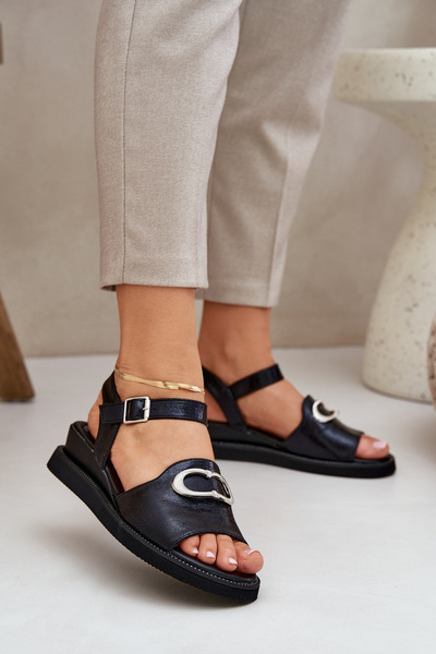 Lackierte Damen Wedge Sandalen Mit Dekoration Schwarz Salianes