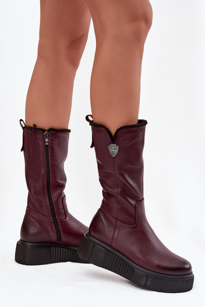 Botine din piele pentru femei cu lână Zazoo 70121 Bordo