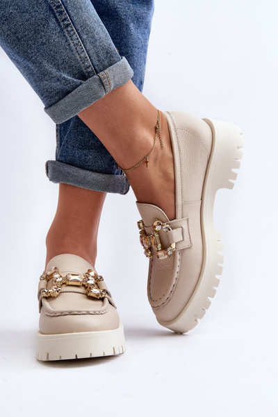 Mocassins Femme En Cuir Avec Décoration CheBello 4369 Beige