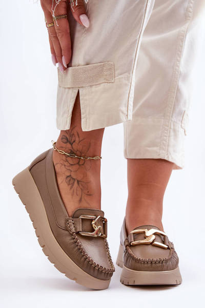 Zazoo 10141 Leder Mokassins auf Plattform mit Dekoration dunkelbeige
